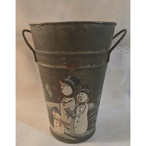 Rustic Country Primitive Christmas Snowman Hand Painted Metal Bucket Bail